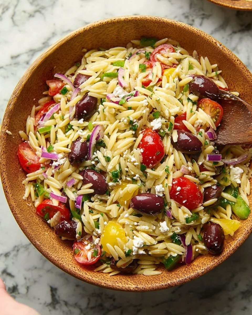 Colorful Greek Orzo Salad with vegetables and feta cheese