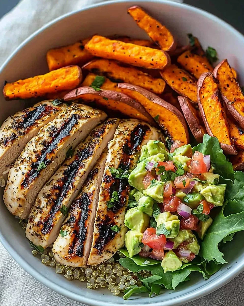 Grilled Herb Chicken Bowl with Sweet Potato Fries & Avocado Salsa