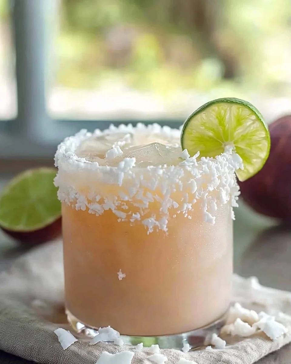 Delicious Guava Coconut Margarita cocktail in a glass with tropical garnishes