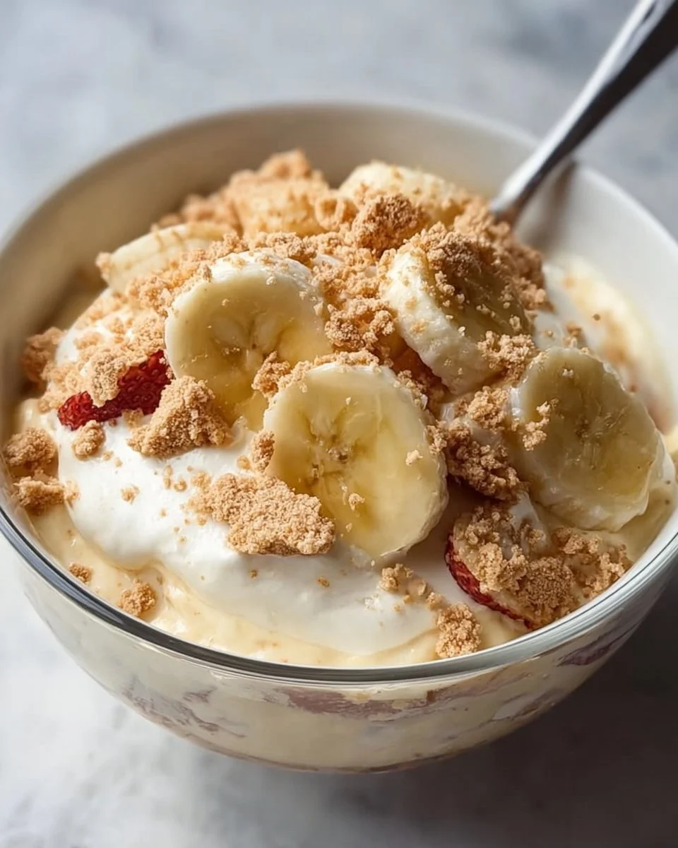 Healthy high protein banana pudding bowl topped with banana slices and nuts