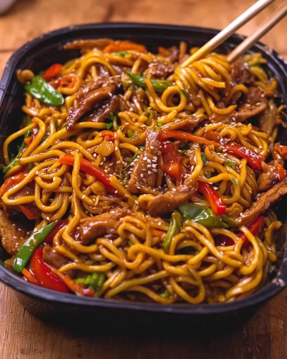 High-protein Chicken Chow Mein noodles meal prep in a colorful bowl