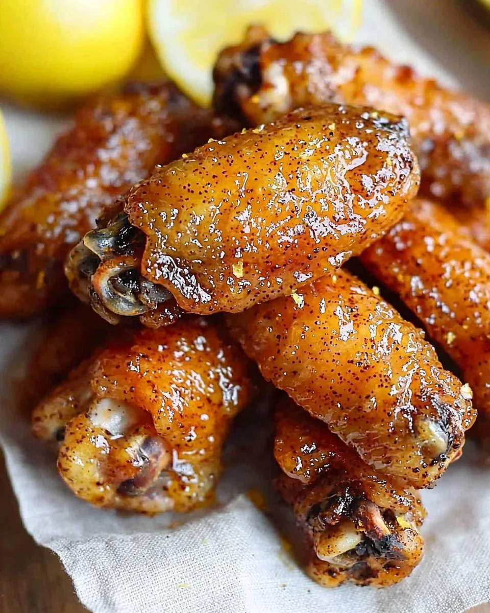Plate of Honey Lemon Pepper Wings garnished with fresh herbs