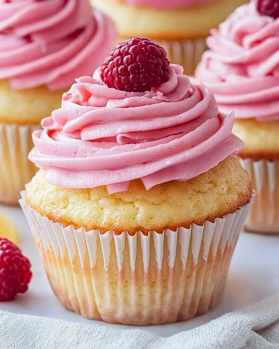 Lemon cupcakes with raspberry buttercream frosting on a decorative plate