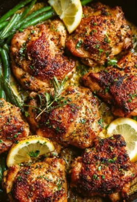 Lemon Garlic Butter Chicken Thighs served on a plate with herbs and lemon slices.