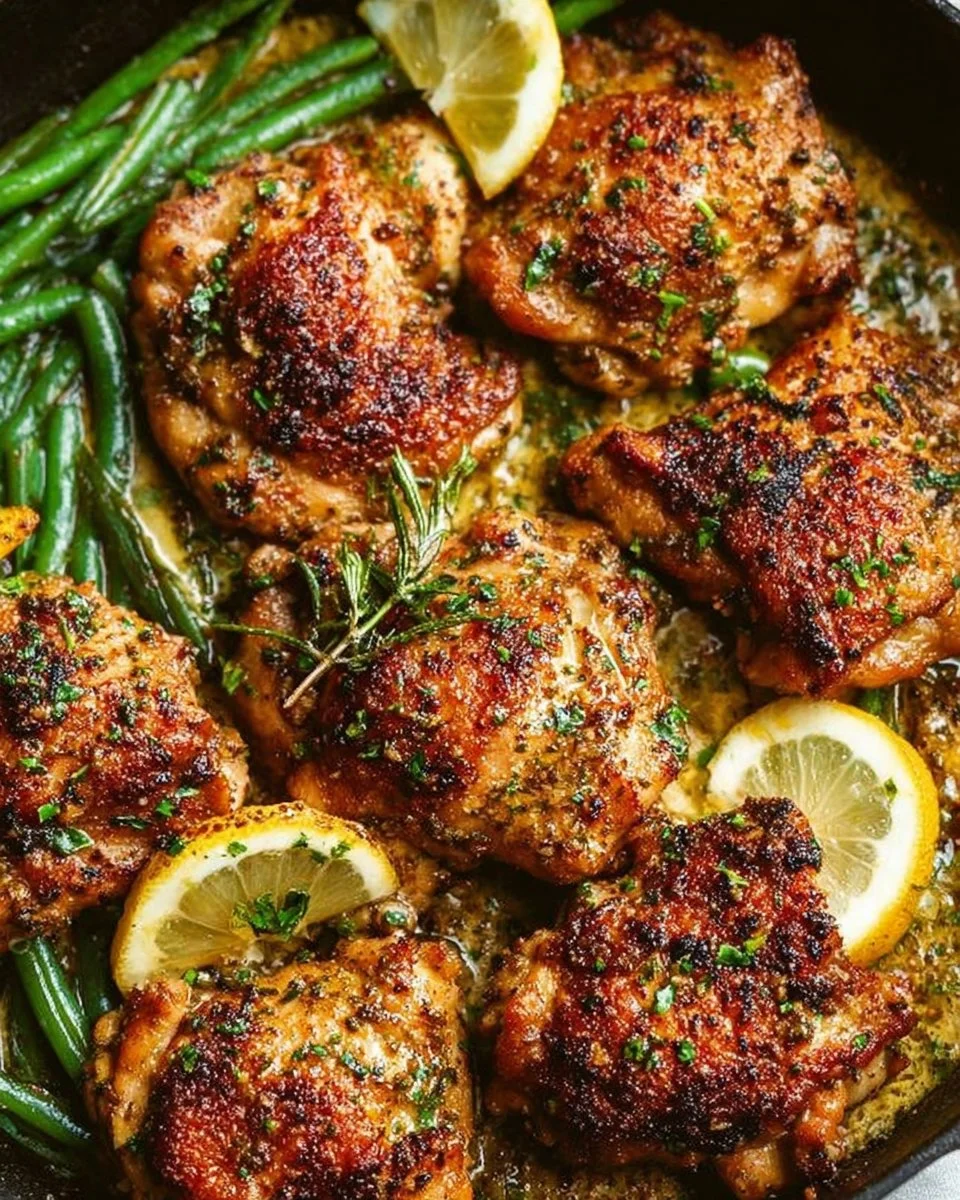 Lemon Garlic Butter Chicken Thighs served on a plate with herbs and lemon slices.