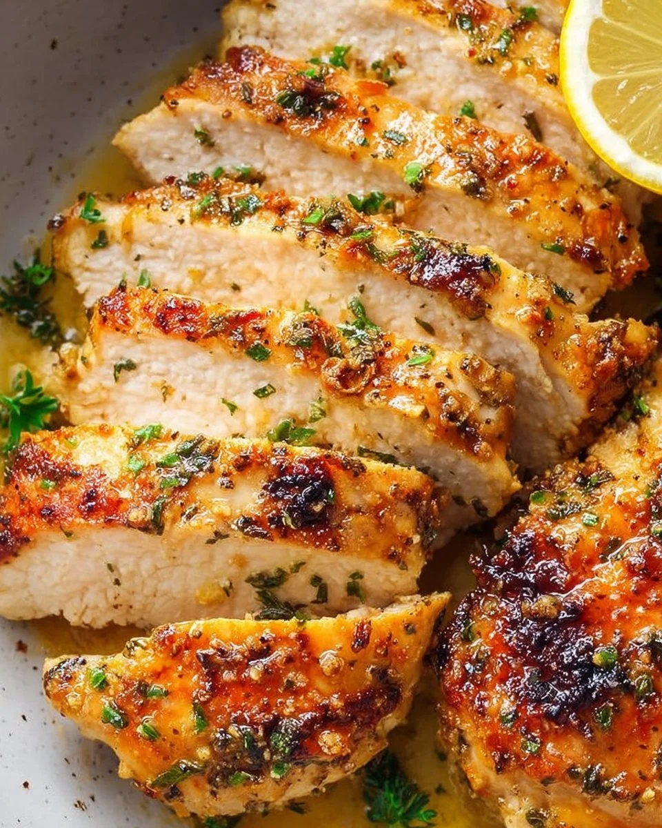 Lemon Garlic Chicken dish garnished with herbs and served on a plate