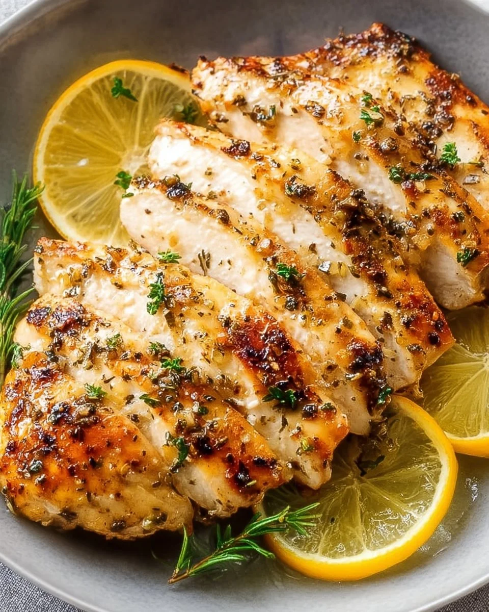 Delicious Lemon Garlic Chicken served with herbs and vegetables