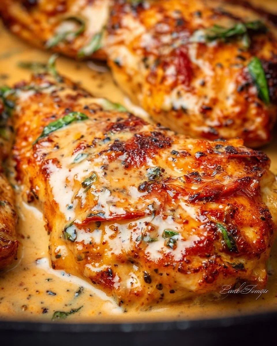 Creamy Marry Me Chicken served with herbs and pasta on a plate.