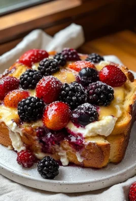 Delicious mixed berry French bread casserole topped with powdered sugar