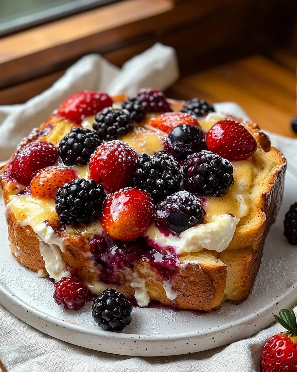 Delicious mixed berry French bread casserole topped with powdered sugar