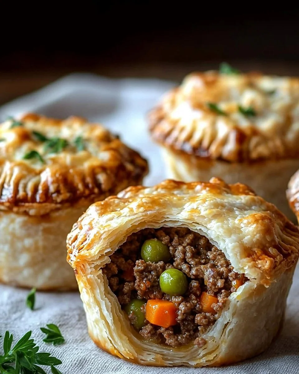 Muffin tin meat pies fresh out of the oven, golden brown and ready to serve.