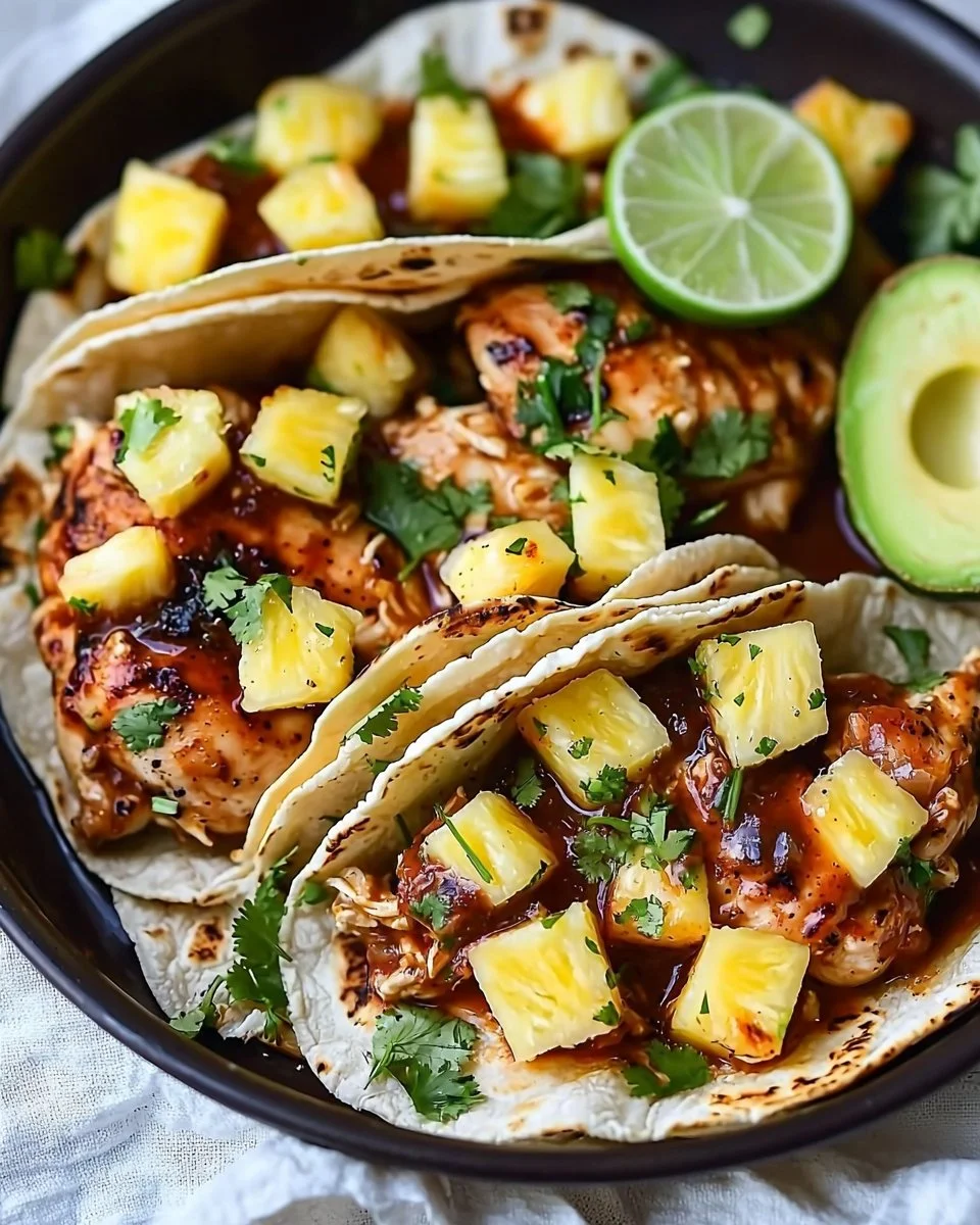 One pan chicken and pineapple tacos served with fresh toppings
