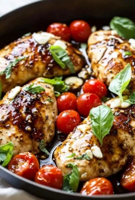One-pan juicy chicken with balsamic sauce on a plate garnished with herbs
