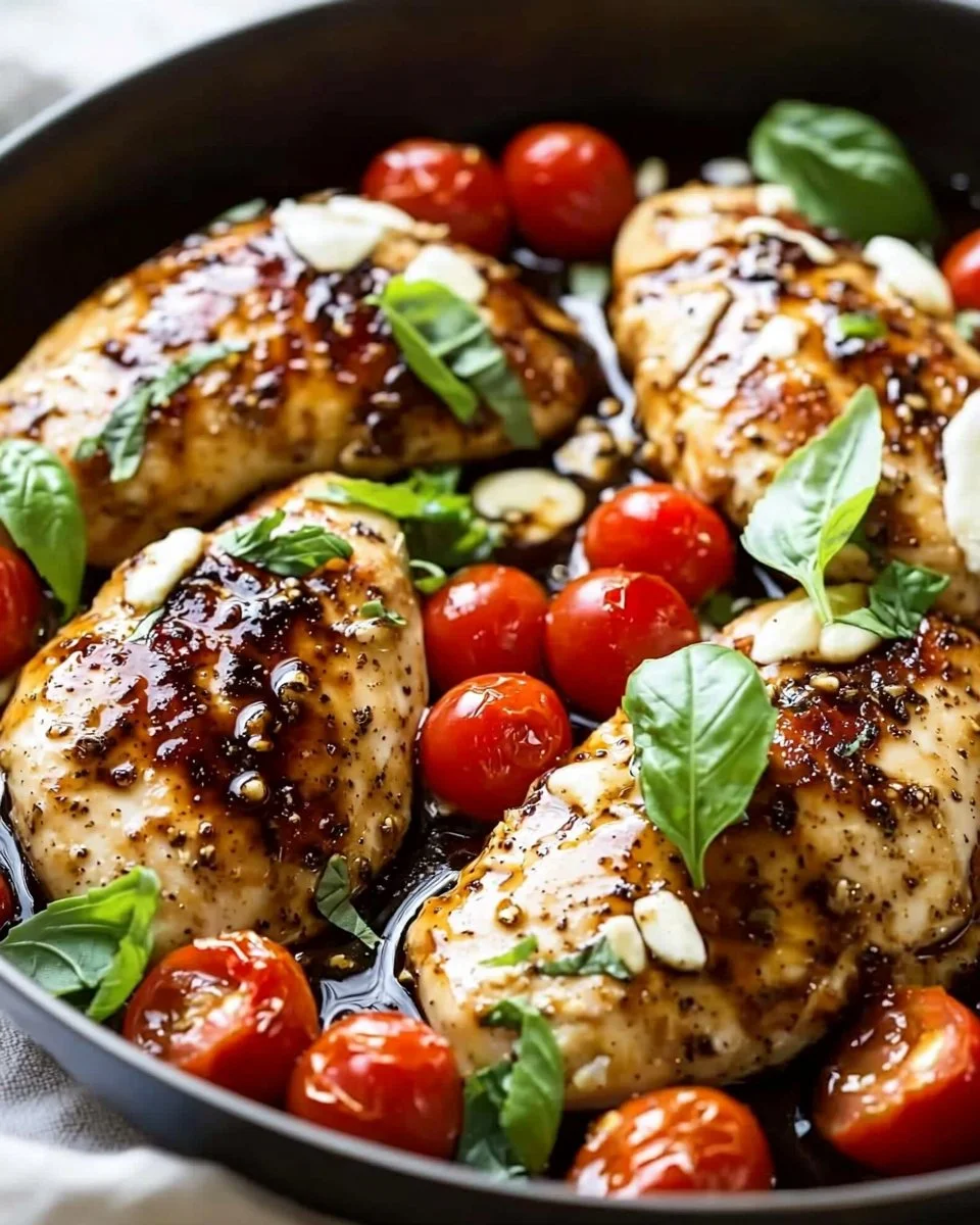 One-pan juicy chicken with balsamic sauce on a plate garnished with herbs