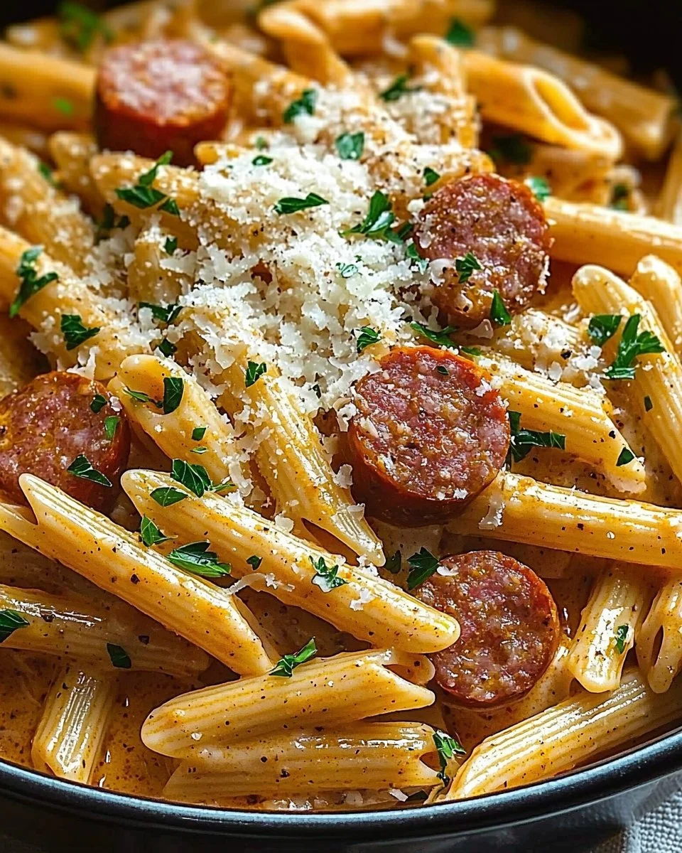 One-Pot Creamy Spicy Cajun Sausage Pasta dish served in a bowl.