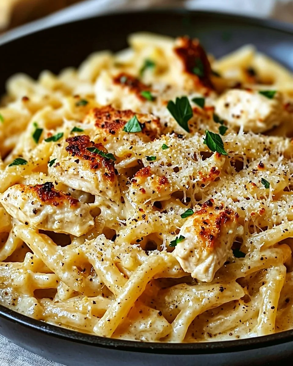 Creamy One Pot Garlic Parmesan Chicken Pasta served in a bowl.