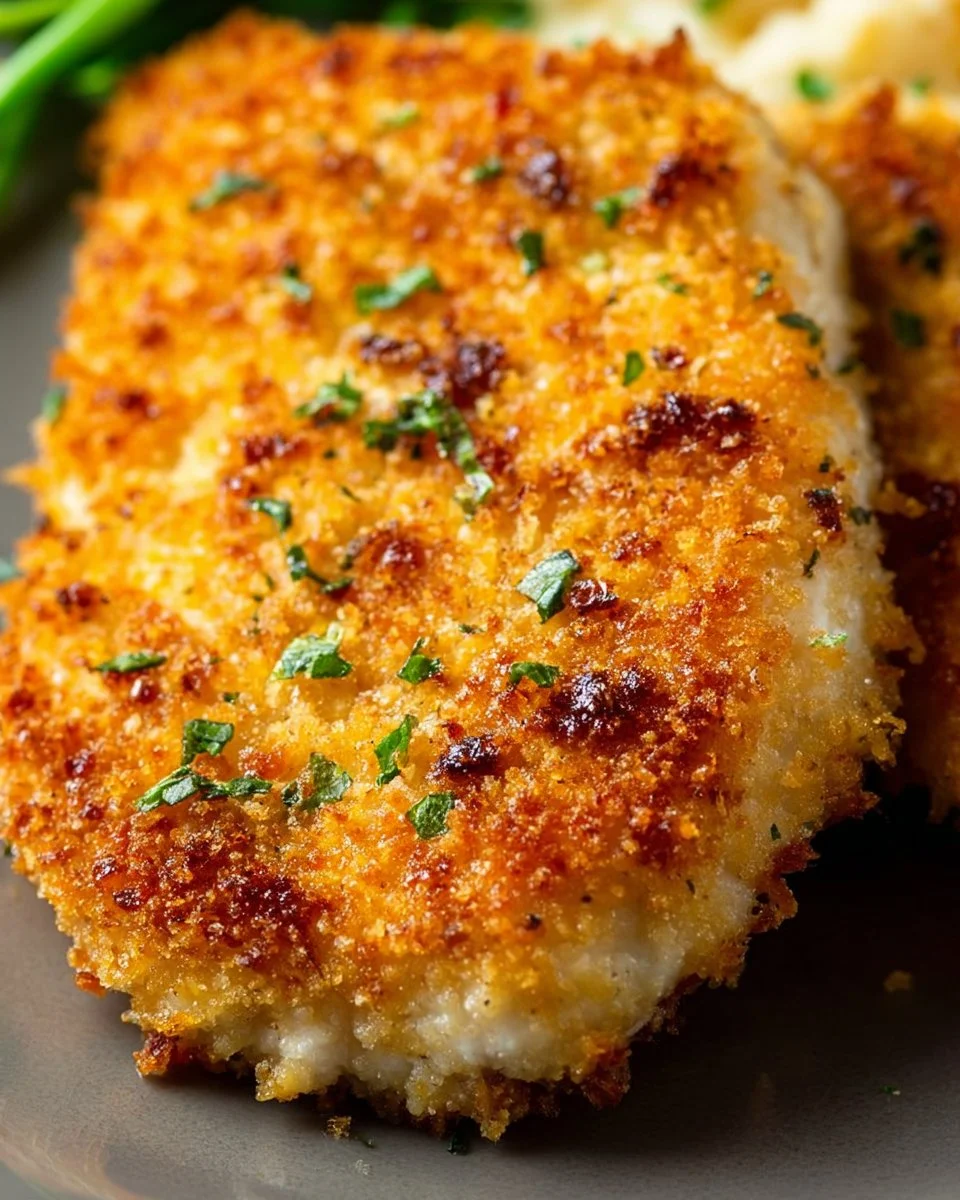 Parmesan Crusted Chicken garnished with herbs on a plate