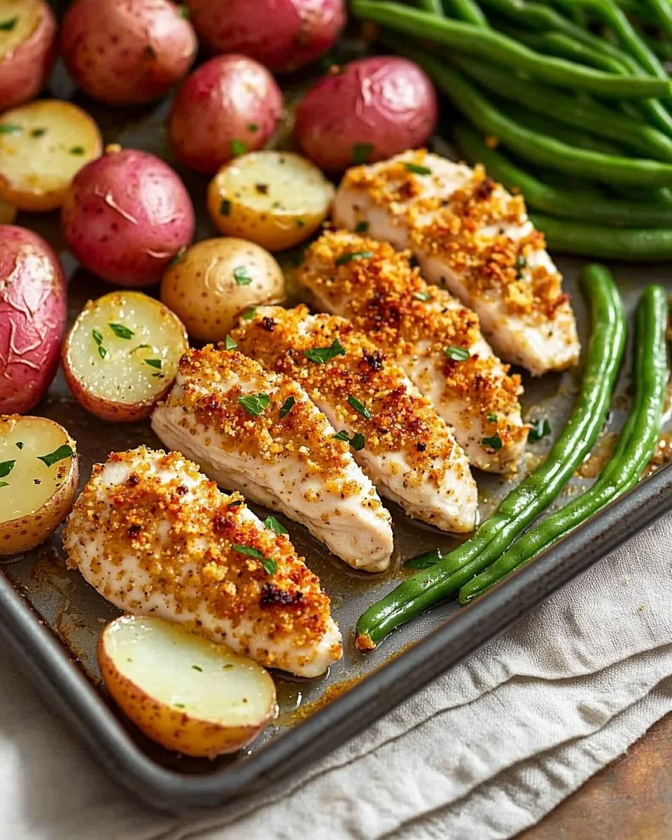 Parmesan crusted chicken with vegetables on a sheet pan dinner