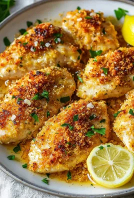 Parmesan-Crusted Lemon Chicken served on a plate with fresh herbs