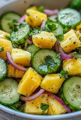 Deliciously colorful Pineapple Cucumber Salad in a bowl served with fresh herbs.