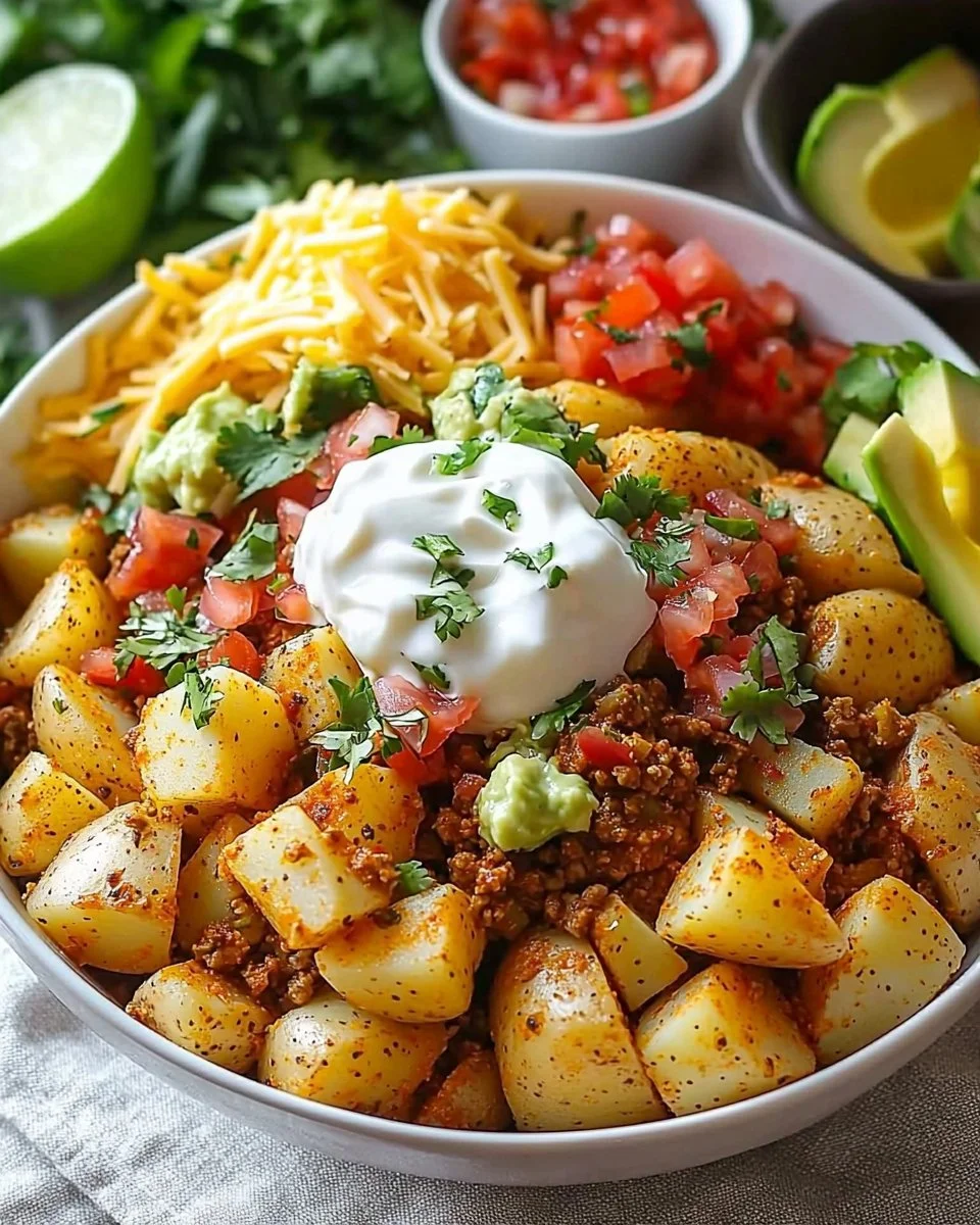 Colorful and appetizing potato taco bowl meal prep featuring toppings and fresh ingredients.