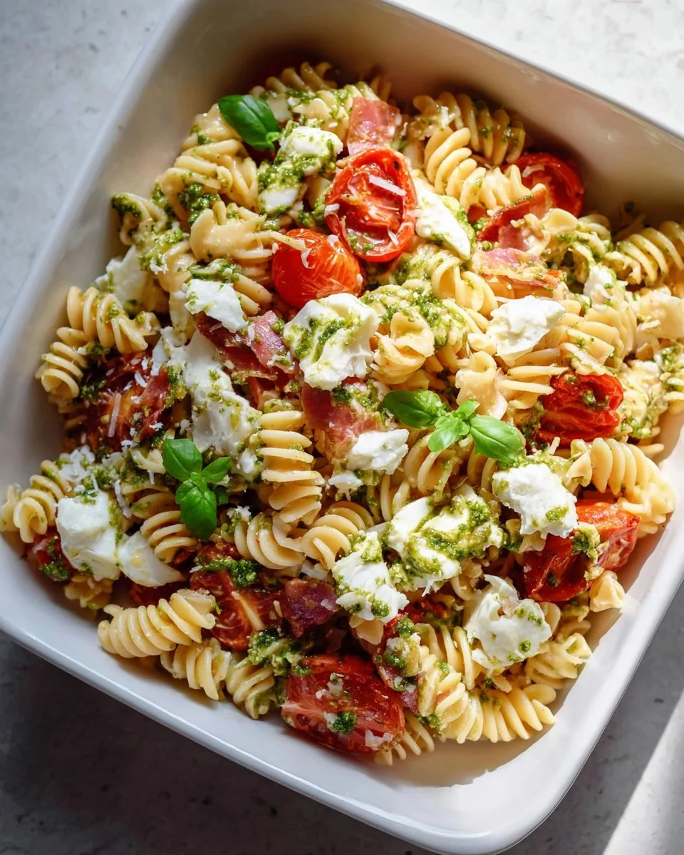 Radiator pasta salad with fresh vegetables and vinaigrette dressing