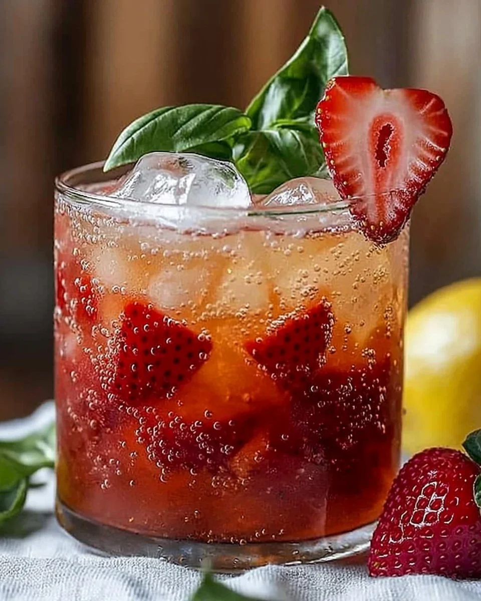 Refreshing Strawberry Basil Smash Cocktail served in a clear glass with fresh ingredients.