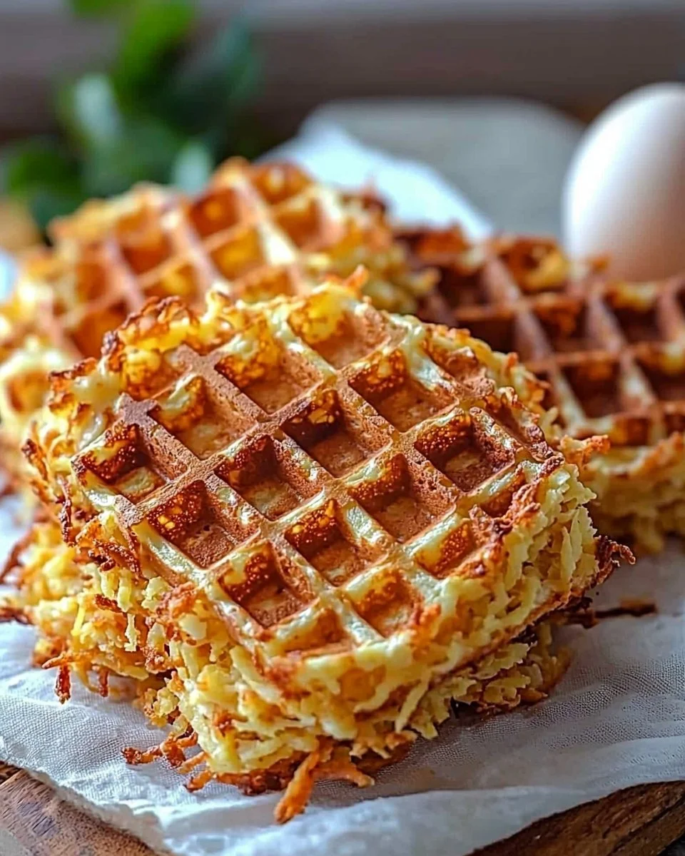 Savory hashbrown chaffles served on a plate, topped with herbs