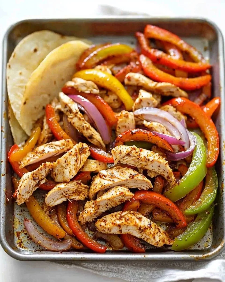 Sheet Pan Chicken Fajitas with colorful peppers and spices on a baking tray