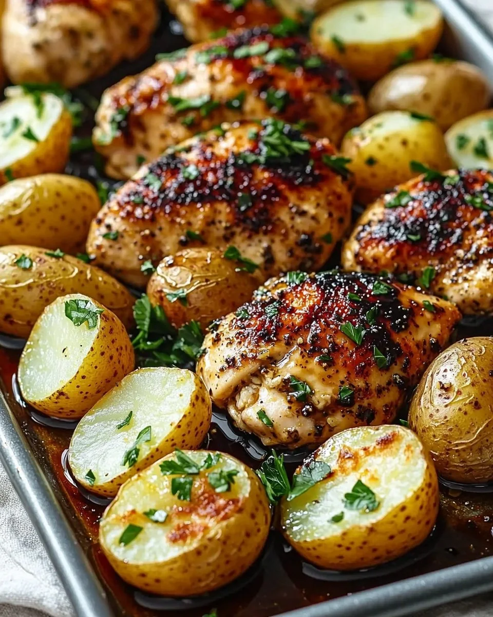 Sheet Pan Lemon Balsamic Chicken with Potatoes ready to serve