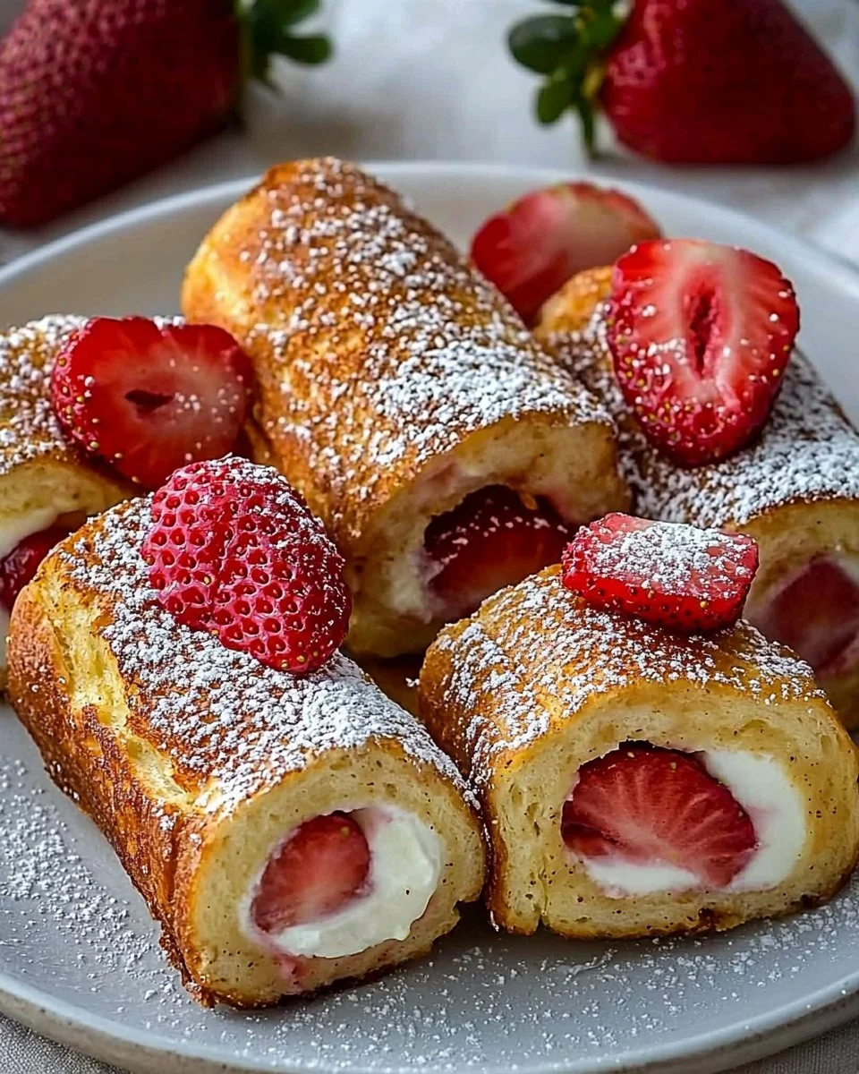 Strawberry and Cream French Toast Roll-Ups served on a plate with fresh strawberries