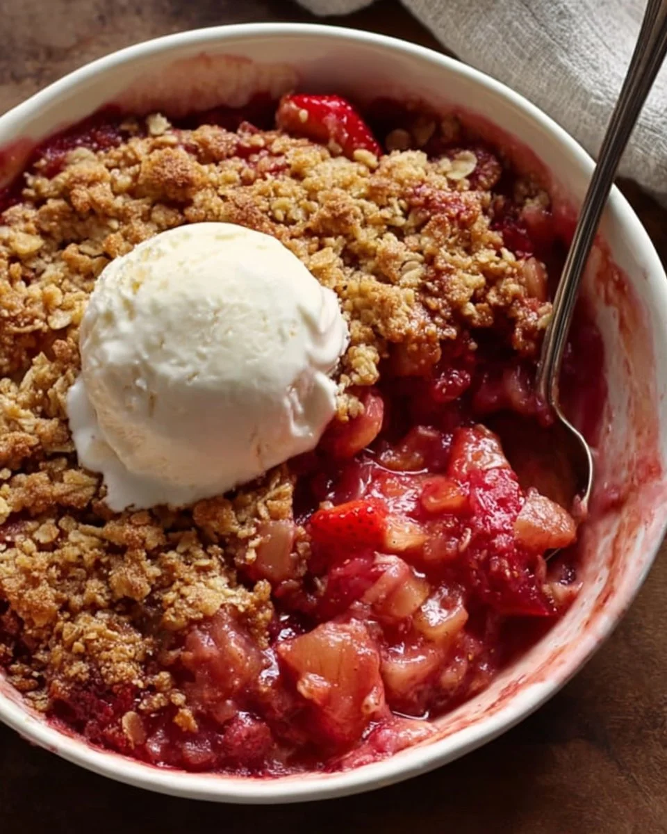 Delicious Strawberry Rhubarb Crisp with a golden crumble topping
