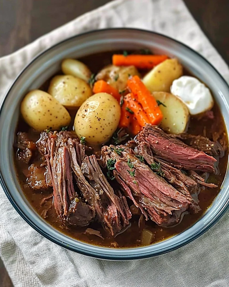 Delicious, tender pot roast cooked to perfection with vegetables.