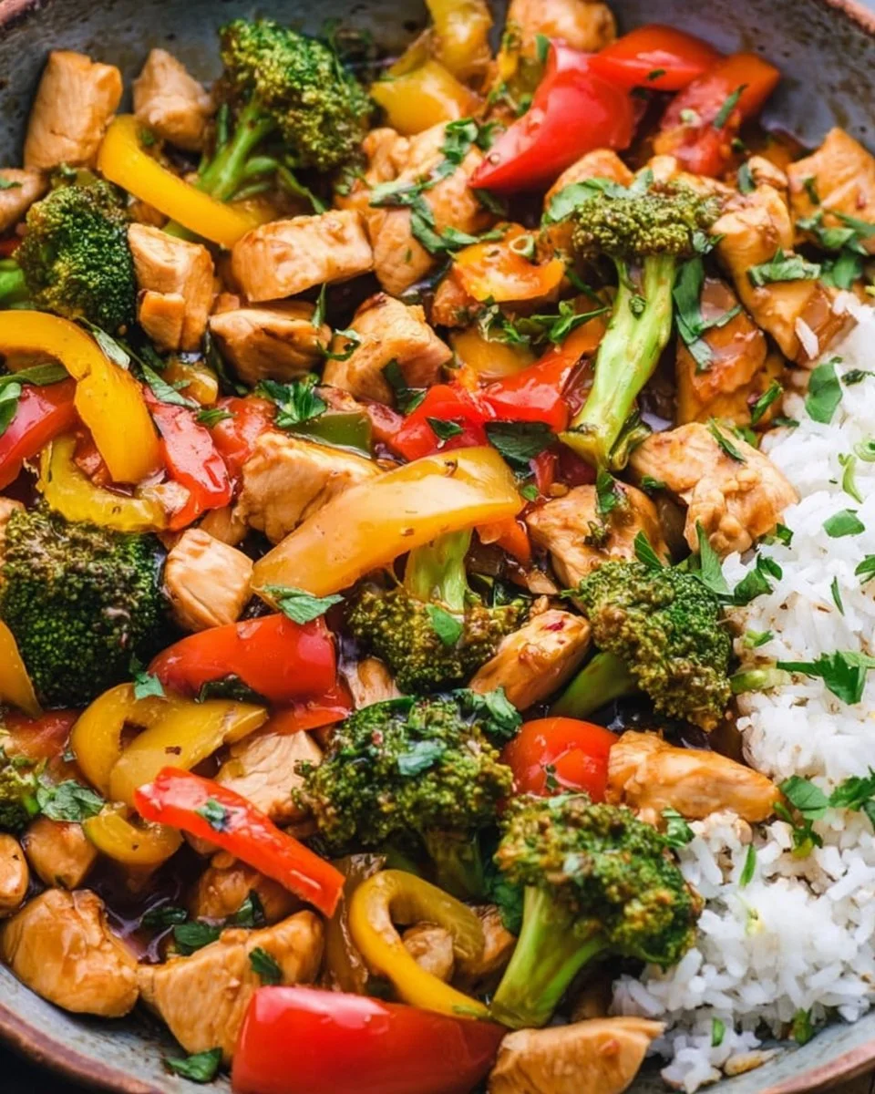 Delicious chicken stir fry with vibrant vegetables and savory sauce