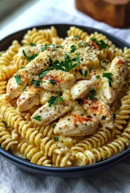 Creamy garlic parmesan chicken pasta garnished with parsley in a bowl