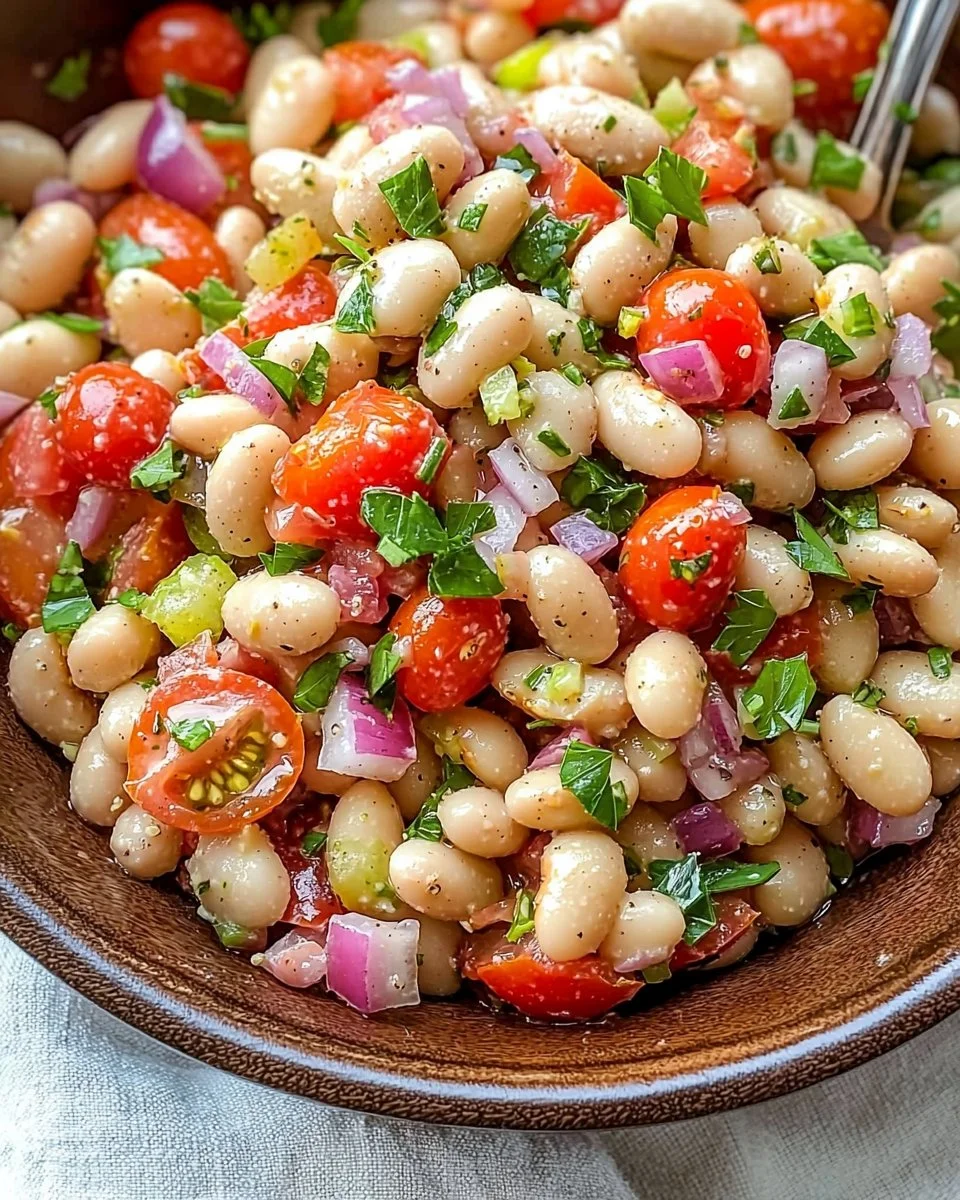 Colorful zesty bean salad with fresh vegetables and herbs