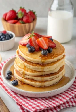 Stack of fluffy American pancakes served with syrup and fresh berries.