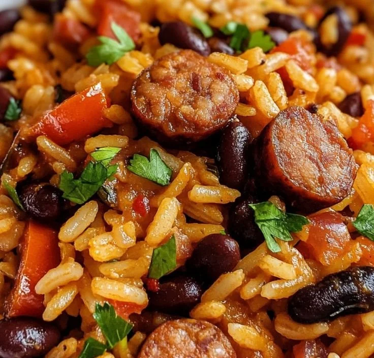 Delicious black beans and rice with sausage served in a bowl