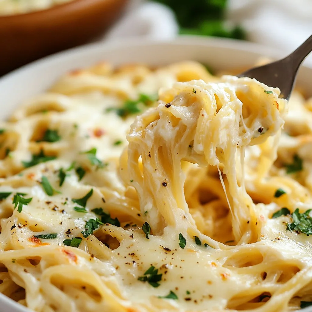 Creamy garlic parmesan spaghetti dish garnished with fresh parsley