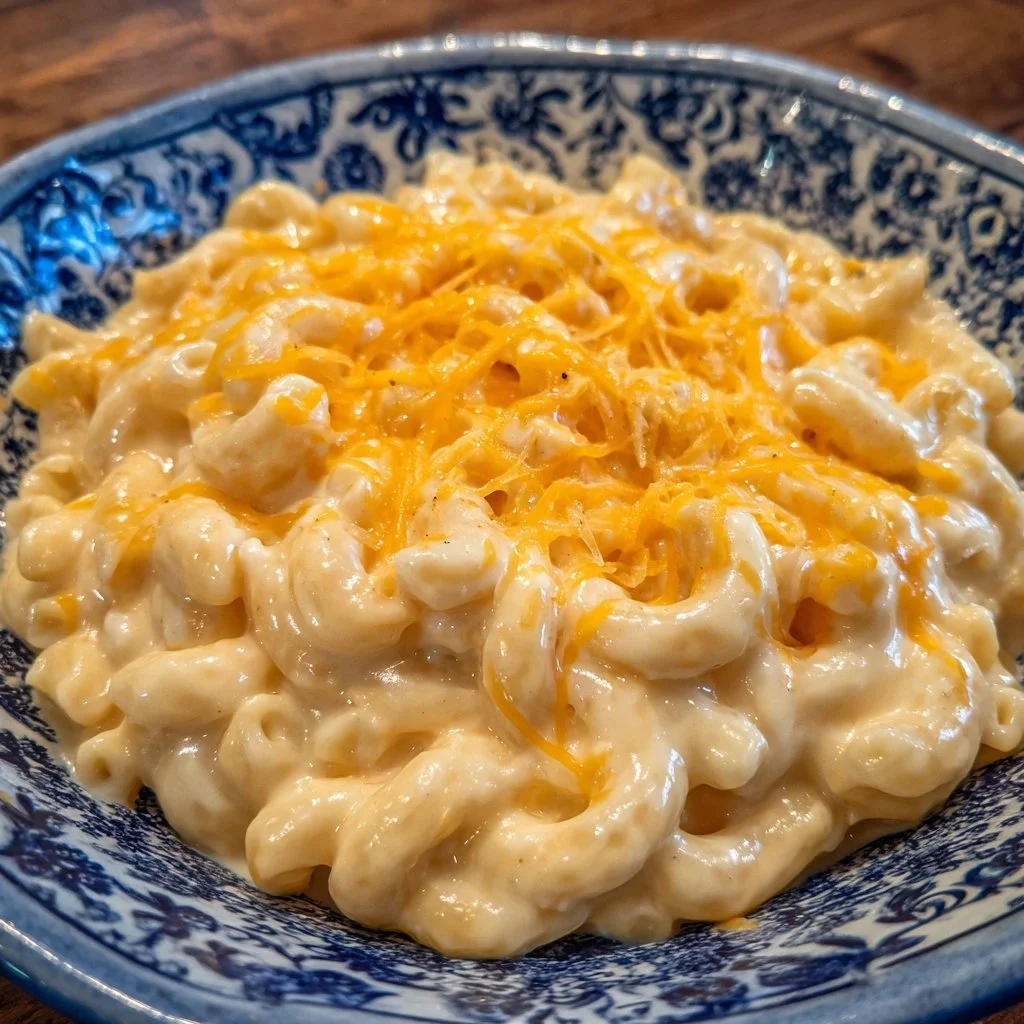 Creamy Chick-fil-A style mac and cheese topped with cheese on a plate.