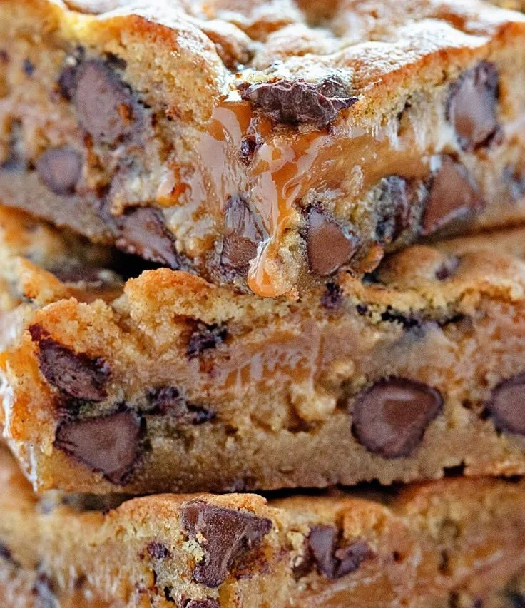 Delicious chocolate chip caramel bars with a rich, gooey texture.