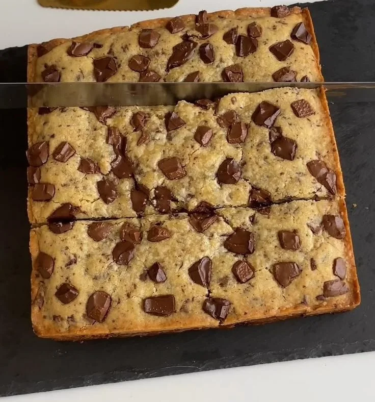 Delicious homemade chocolate chip cookie bars fresh out of the oven.