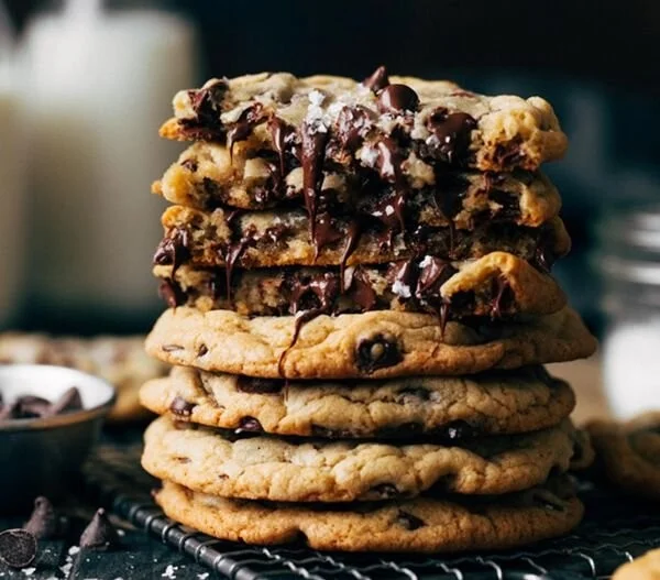 Freshly baked chocolate chip cookies on a cooling rack