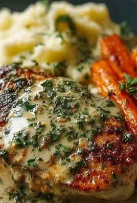 Creamy herb chicken with mashed potatoes and honey glazed carrots on a plate.