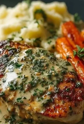 Creamy herb chicken dish with mashed potatoes and honey glazed carrots