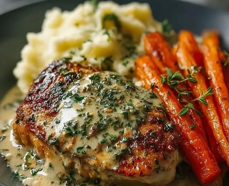 Creamy herb chicken dish with mashed potatoes and honey glazed carrots