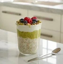 Bowl of creamy pistachio overnight oats topped with nuts and fruits