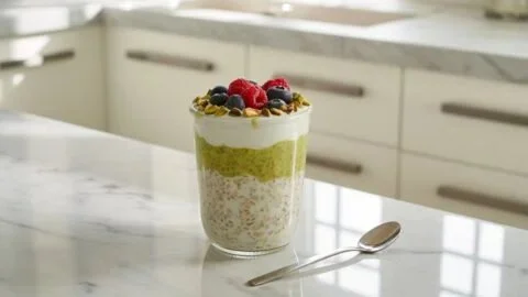 Bowl of creamy pistachio overnight oats topped with nuts and fruits