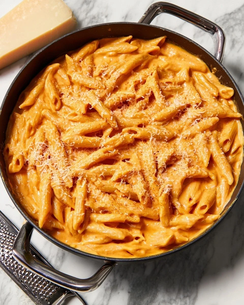 Creamy tomato pasta dish topped with fresh basil and grated parmesan.