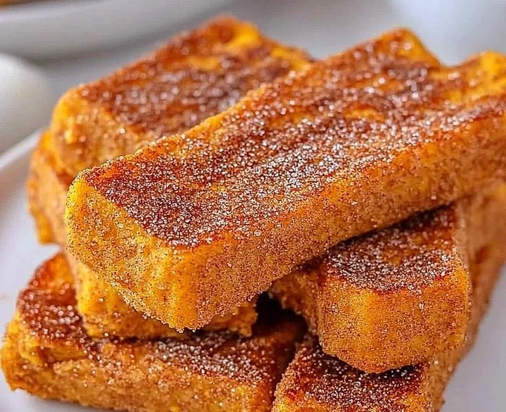 Delicious crispy pumpkin French toast sticks served with syrup